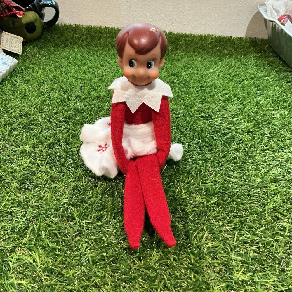 Vintage 1990 Girl Elf on the Shelf  Christmas Doll Red White Felt Outfit